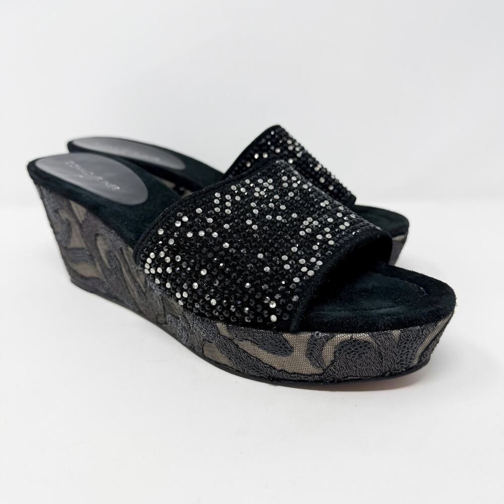 Donald Pliner Black Suede Wedge Sandals Women's Size 10 EUC Rhinestone Accent